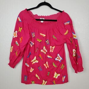 Pong Top Womens Extra Small Butterly Embroidered Off Shoulder 90s Y2K Colorful
